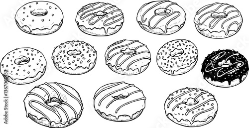 Hand drawn vector illustration - Set of tasty donuts. Sketch. vector set