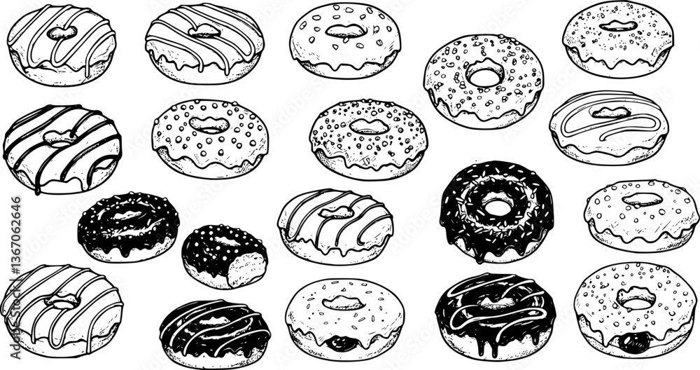 Hand drawn vector illustration - Set of tasty donuts. Sketch. vector set Hand drawn vector illustration - Set of tasty donuts. Sketch. vector set