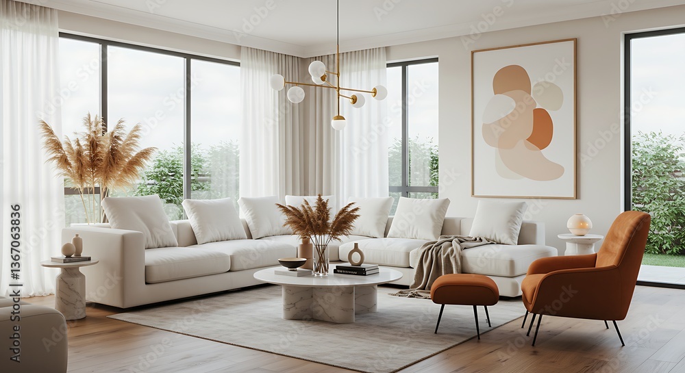 Fototapeta premium Minimalist home interior design of modern living room with orange armchair and beige sofa. 