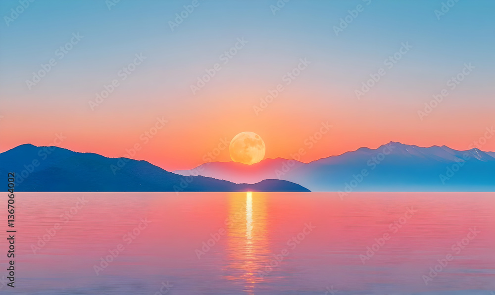 Serene Moon Reflection Over Tranquil Lake During Sunrise Serene Moon Reflection Over Tranquil Lake During Sunrise