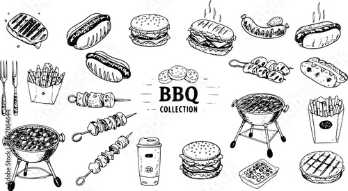 Hand drawn vector illustrations. BBQ collection. Barbeque design elements in sketch style. Fast food. Perfect for menu, prints, packing, leaflets, advertising