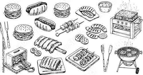 Hand drawn vector illustrations. BBQ collection. Barbeque design elements in sketch style. Fast food. Perfect for menu, prints, packing, leaflets, advertising