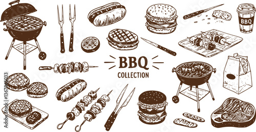 Hand drawn vector illustrations. BBQ collection. Barbeque design elements in sketch style. Fast food. Perfect for menu, prints, packing, leaflets, advertising