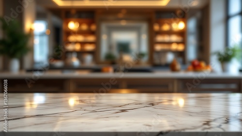 Wallpaper Mural A sleek marble countertop showcasing the warm ambiance of a luxurious, softly lit kitchen with blurred background details. Torontodigital.ca