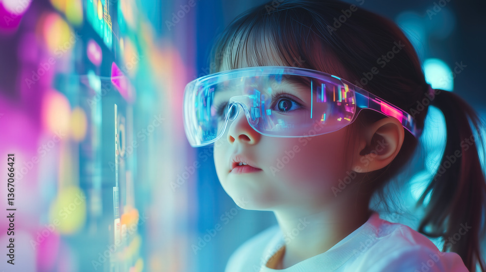 A kid girl learns online using futuristic technology. The concept of the integration of advanced digital tools in education, and learning experiences for the future generation. Generative AI. A kid girl learns online using futuristic technology. The concept of the integration of advanced digital tools in education, and learning experiences for the future generation. Generative AI.