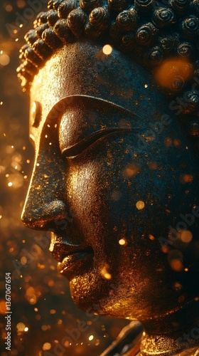 closeup shot of golden buddha face with glitter in the background