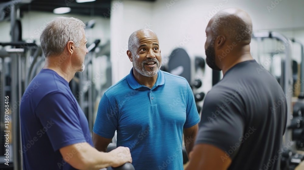 Mature men working with a personal trainer in the gym, discussing physical therapy and fitness routines for wellness and retirement health. Mature men working with a personal trainer in the gym, discussing physical therapy and fitness routines for wellness and retirement health.