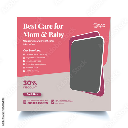 birth clinic editable social media post template, pregnancy, maternity medical consultant web banner or social media square flyer or poster design