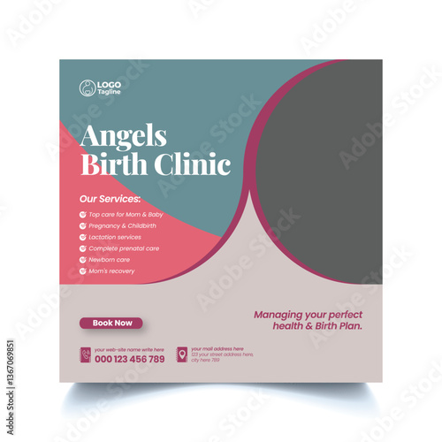 birth clinic editable social media post template, pregnancy, maternity medical consultant web banner or social media square flyer or poster design