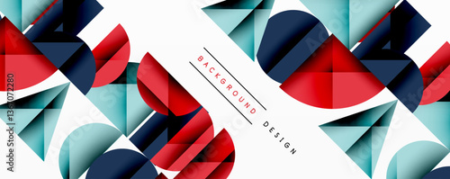 Abstract geometric background with layered gradient shapes forming dynamic patterns. Overlapping semi circles and triangles create depth and contrast