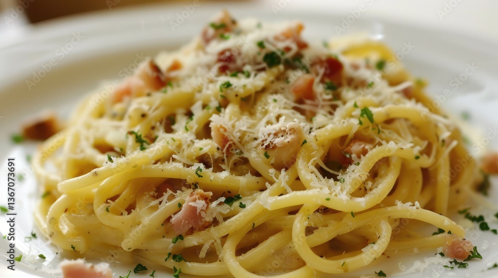 Delicious Plate of Spaghetti with Cheese and Bacon Garnish Delicious Plate of Spaghetti with Cheese and Bacon Garnish