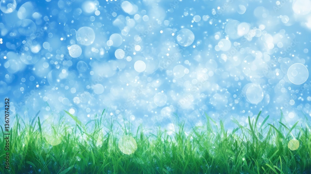Obraz premium World environment day concept: green grass and blue sky abstract background with bokeh