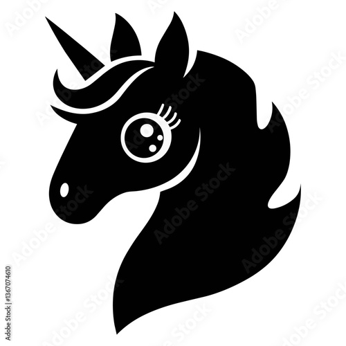 Kawaii unicorn black and white silhouette vector illustration in playful, whimsical style