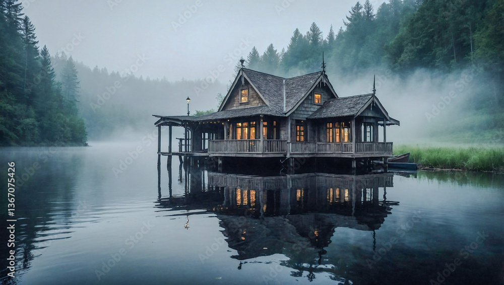 Fototapeta premium Enchanted boathouse on a misty lake