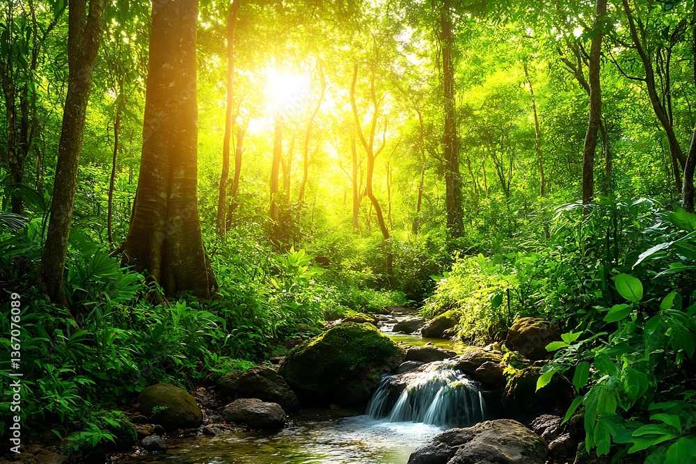 Obraz premium Sunlit stream flows through lush green forest.