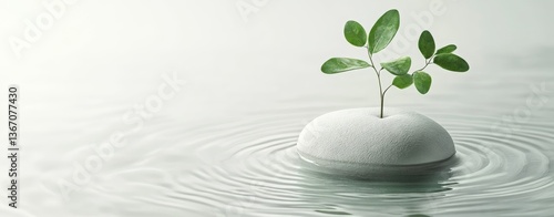 A small white stone with green leaves growing out of it, floating on water on a light gray background. 