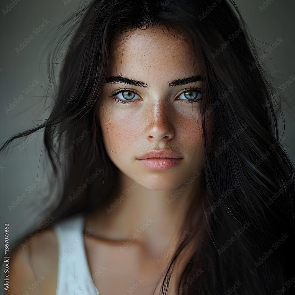 Fototapeta premium Photo of a Young Woman with Long Hair and a Calm Expression