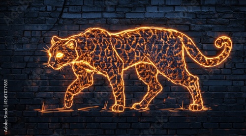 A cheetah is drawn with a glowing neon line against a brick wall. A glowing neon sign forms a contour drawing of a cheetah against a dark grunge-style brick wall.