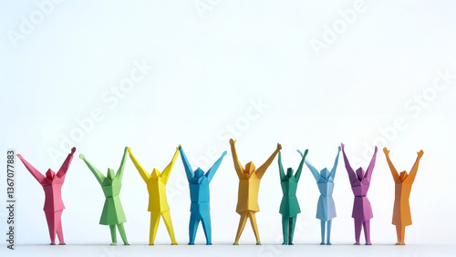 Colorful Origami People: Celebrating Group on White Background