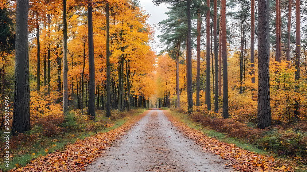 Obraz premium Autumnal Forest Path Leading to Sunlight