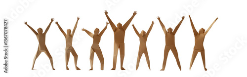Simple Origami People Silhouettes: Celebrating Group on White Background