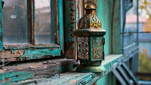 Golden Lantern on Window Sill: A vintage golden lantern sits gracefully on a weathered, teal-painted window sill, casting an inviting glow, whispering tales of a bygone era.