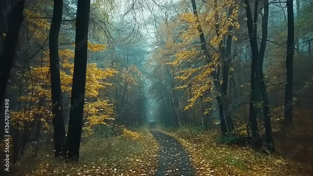 Serene Autumn Pathway Through Misty Forest Landscape Serene Autumn Pathway Through Misty Forest Landscape