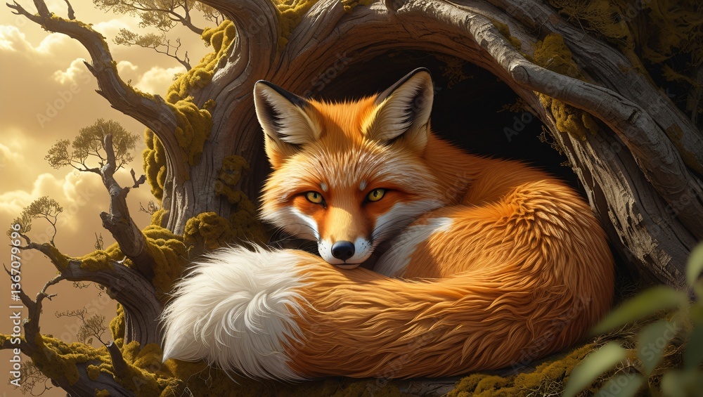 Fototapeta premium A red fox curled up in a tree hollow with mossy branches against a cloudy sky