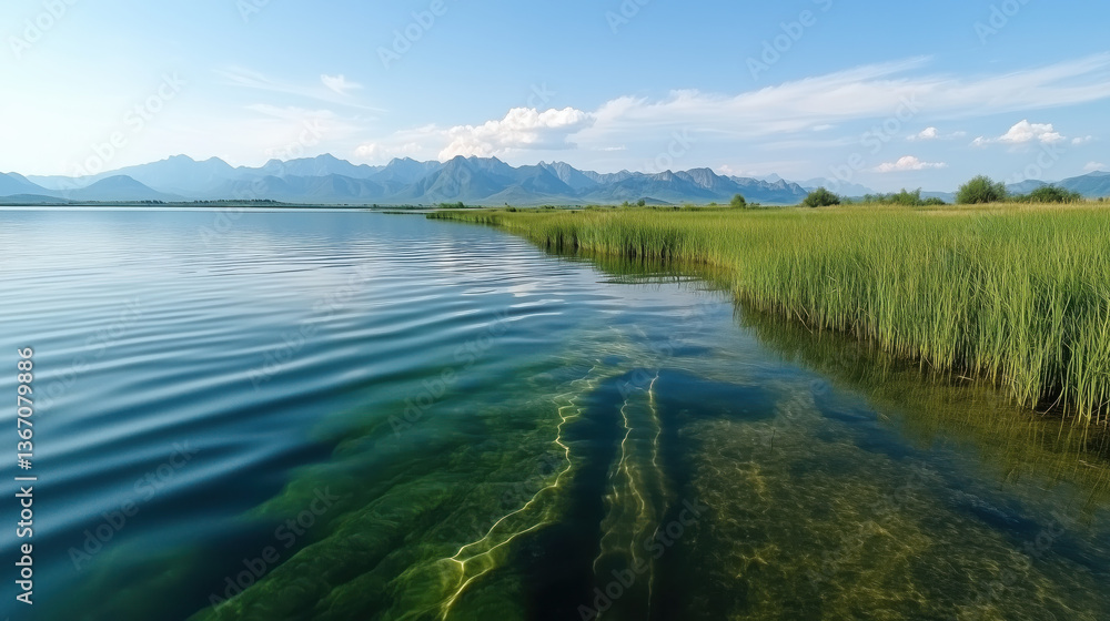 serene view of lake with clear water, green reeds, and distant mountains under blue sky serene view of lake with clear water, green reeds, and distant mountains under blue sky