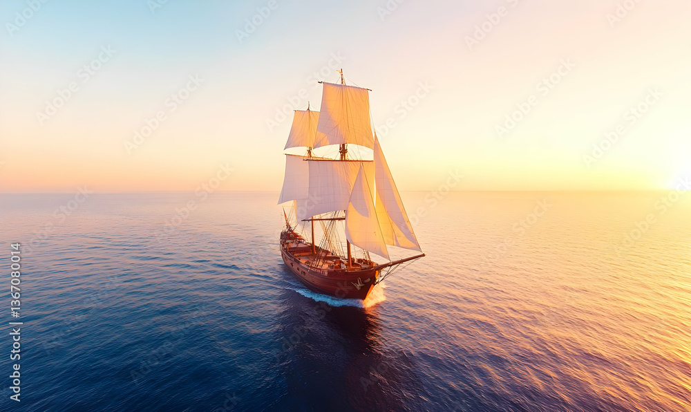 Fototapeta premium Classic Wooden Sailing Ship Navigating Calm Waters at Sunset