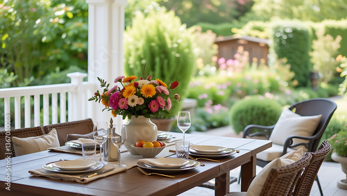 A welcoming terrace with a carefully styled dining setup, including a wooden table with a ceramic vase of vibrant flowers as the focal point