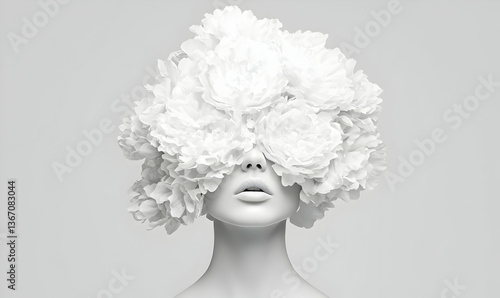 Surreal Floral Portrait with Creative White Flowers on a Head