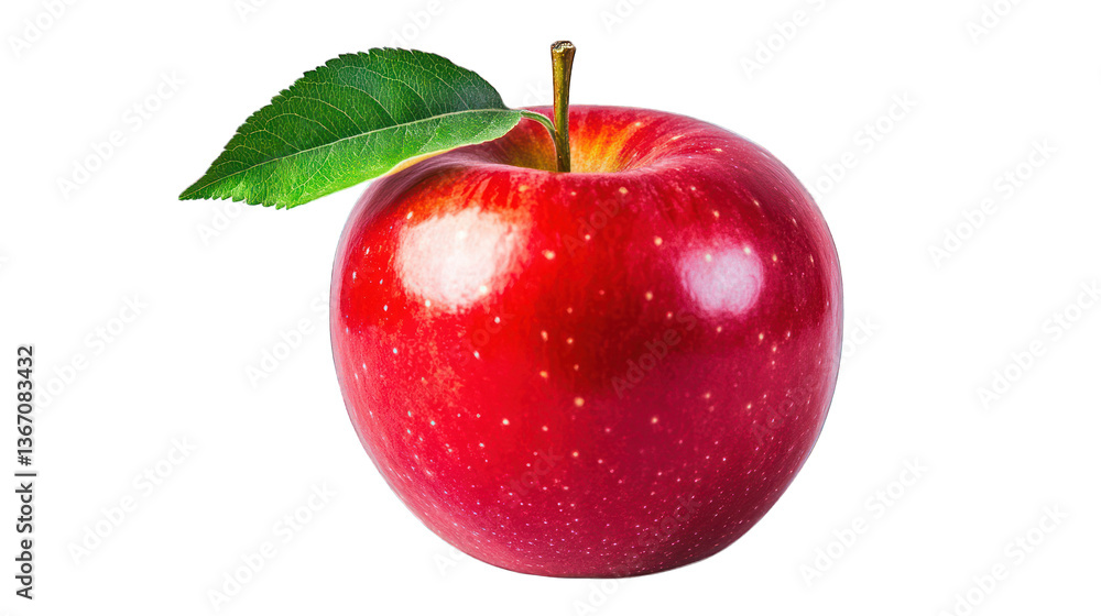 A vibrant red apple with a single green leaf attached to the stem on a transparent background A vibrant red apple with a single green leaf attached to the stem on a transparent background