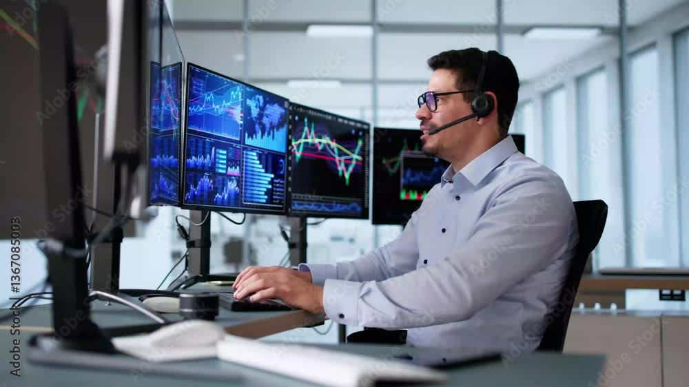 Hispanic Man Looking At Multiple Screens