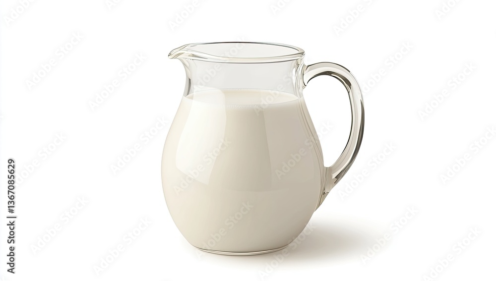 Glass pitcher filled with milk. A clear glass pitcher, slightly rounded, holds a creamy, off-white liquid, likely milk, and features a handle. The pitcher is isolated against a pure white background Glass pitcher filled with milk. A clear glass pitcher, slightly rounded, holds a creamy, off-white liquid, likely milk, and features a handle. The pitcher is isolated against a pure white background