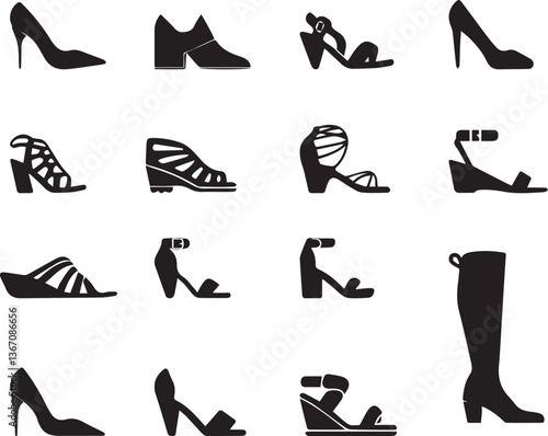 black silhouettes of women shoes.whomen's shoes icon set.set of female shoes,simple style