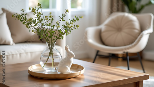 A cozy and elegant living room styled for Easter, featuring a well arranged wooden coffee table