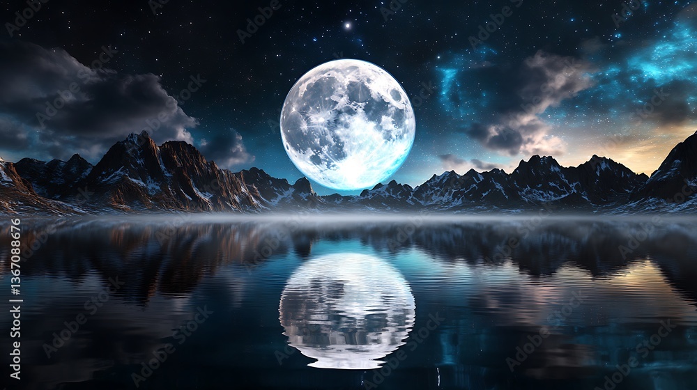 Peaceful atmosphere full moon reflecting on a tranquil lake in nighttime photography Peaceful atmosphere full moon reflecting on a tranquil lake in nighttime photography