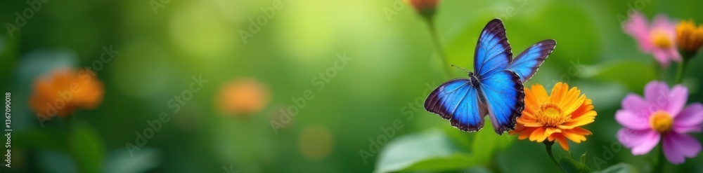 Soft focus blue butterfly perched on a branch surrounded by lush greenery and colorful flowers, insect, twig Soft focus blue butterfly perched on a branch surrounded by lush greenery and colorful flowers, insect, twig