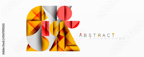 Modern abstract composition with layered circles and angular segments featuring gradients, transparency effects, and a structured geometric layout