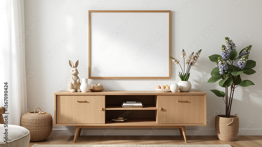 An inviting Easter living room setup with a mock up poster frame positioned above a contemporary sideboard, styled with festive decor including an Easter bunny figurine, blooming hyacinths An inviting Easter living room setup with a mock up poster frame positioned above a contemporary sideboard, styled with festive decor including an Easter bunny figurine, blooming hyacinths