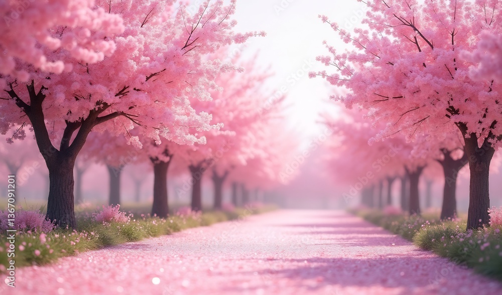 Naklejka premium Serene pink blossoms softly illuminate a tranquil path. AI Generated