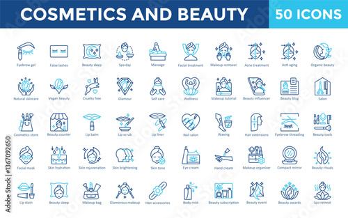 Cosmetics and Beauty icons set with eyebrow gel, false lashes, beauty sleep, spa day, massage, facial treatment, makeup remover, acne treatment, anti aging icon. Simple outline color vector 
