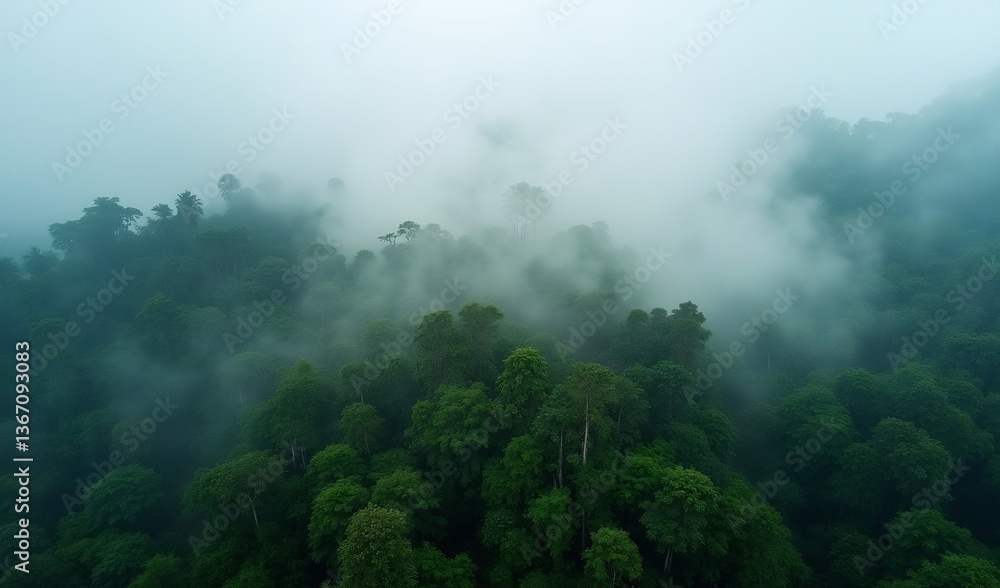 Misty Green Forest Aerial View Soft Light. AI Generated Misty Green Forest Aerial View Soft Light. AI Generated