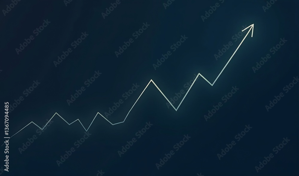 Naklejka premium Glowing upward trend line sharply ascends dark blue background illustrating growth progress. AI Generated