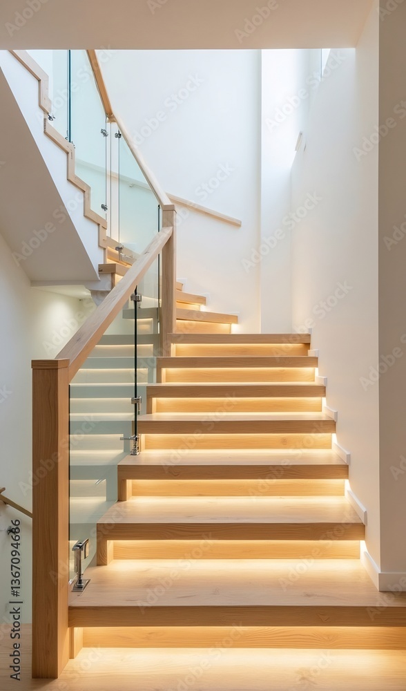 Warm light illuminates elegant wooden staircase ascending brightly lit modern interior. AI Generated Warm light illuminates elegant wooden staircase ascending brightly lit modern interior. AI Generated