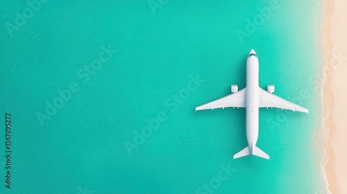 aerial view of airplane over vivid coastline, turquoise sea and white sand beach with lush greenery