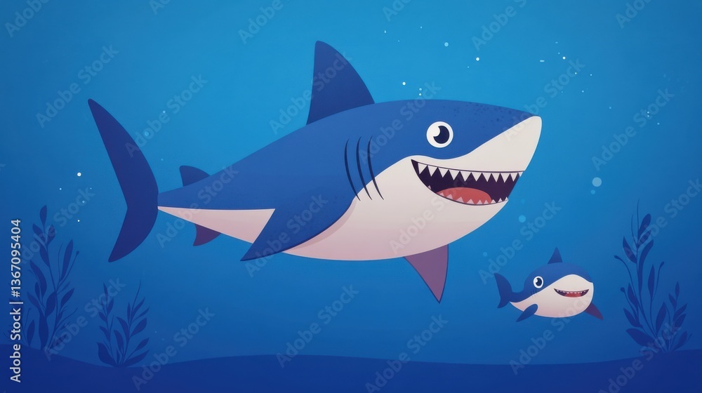 Obraz premium cartoon of a big shark and small shark swimming together in gradient blue ocean, playful children's illustration style