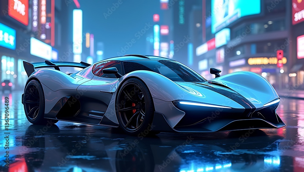 A Futuristic Sports Car with a Sleek Aerodynamic Design, Set Against a Neon Cityscape
A Futuristic Sports Car with a Sleek Aerodynamic Design, Set Against a Neon Cityscape