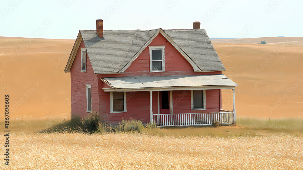 Obraz premium Abandoned Farmhouse in a Golden Field